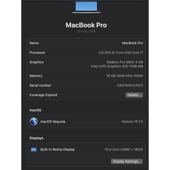 Apple MacBook Pro 2018 15.4" Intel Core i7 2.6GHz 16GB RAM 512GB SSD A1990 - Picture 5 of 7